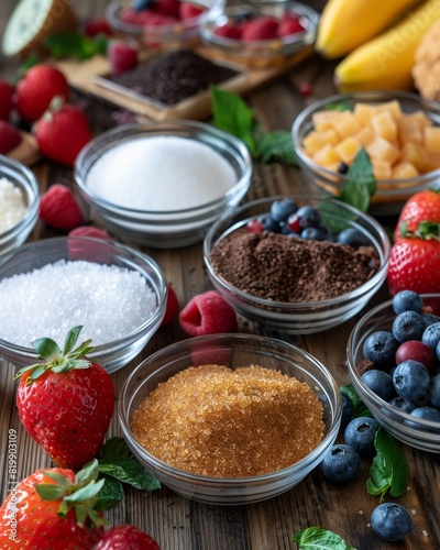 Assorted Natural Sugar Substitutes Displayed in Glass Bowls on Wooden Table, Featuring Stevia, Erythritol, Xylitol with Fresh Fruits and Baked Items in Background