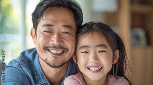 Casual yet heartwarming portrait of an Asian father and daughter, both with bright, toothy smiles