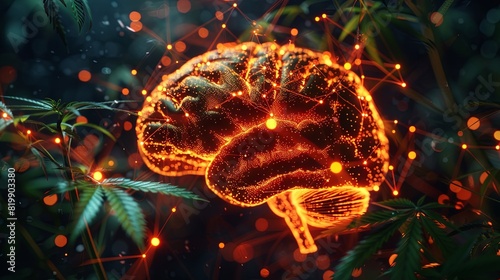 Human brain with illuminated neural pathways, cannabis leaves lighting up connections, representing the neurological benefits of cannabis