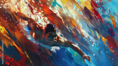 A painting depicting a man swimming in a pool, his body cutting through the water with fluid movements photo