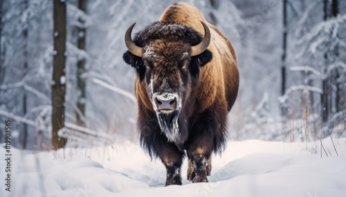 Bison thick fur covered with frost and snow, Bison walks in extreme winter weather, standing above snow with a view of the frost mountains © Virgo Studio Maple