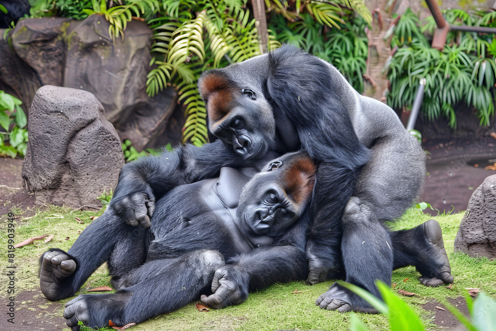 Fototapeta premium Gorillas Resting Together in a Tranquil Setting