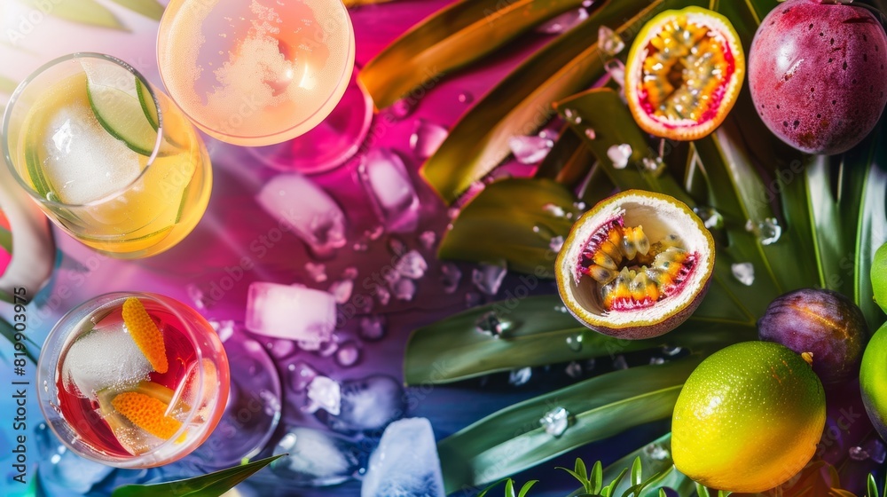 Colorful Tropical Star Martini Ingredients Setup for International Cocktail Day - Flat Lay Image with Vanilla Vodka, Passion Fruit Syrup, and Prosecco