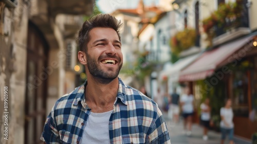 A happy man takes a leisurely stroll through the picturesque town, his relaxed expression indicative of the peace and contentment that come from regular exercise and outdoor recreation.  photo