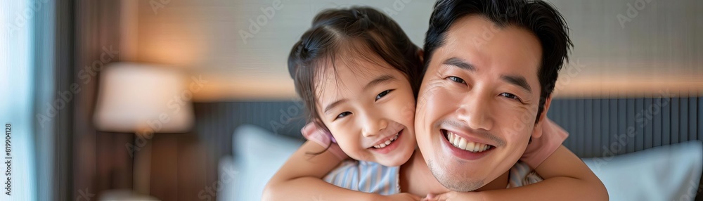 Asian father and daughter sharing a light hearted and joyful piggyback, full of smiles Asian father and daughter sharing a light hearted and joyful piggyback, full of smiles