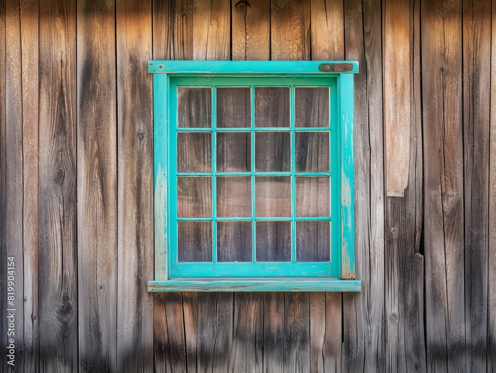 A window with a green frame sits in front of a wooden wall A window with a green frame sits in front of a wooden wall