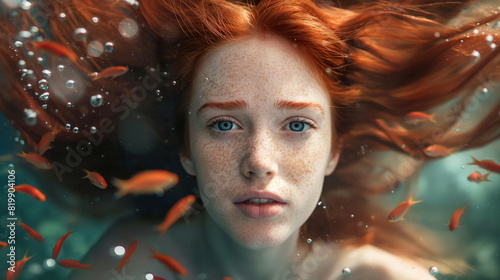 Underwater portrait of a young woman with red hair and blue eyes surrounded by small orange fish. Surreal underwater photography