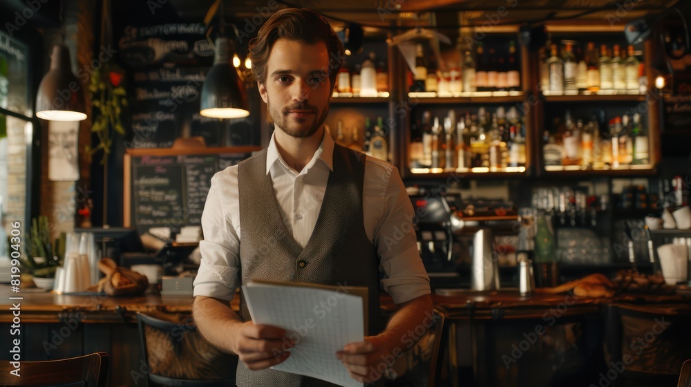 An energetic waiter, wearing work attire, stands proudly in front of the camera, jotting down orders in his notepad against the bustling backdrop of the bar counter. 
