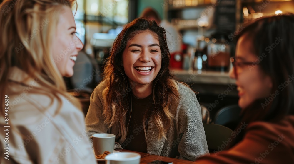 Friends laughing and having coffee at a cozy cafe, showcasing the warmth of social connections.