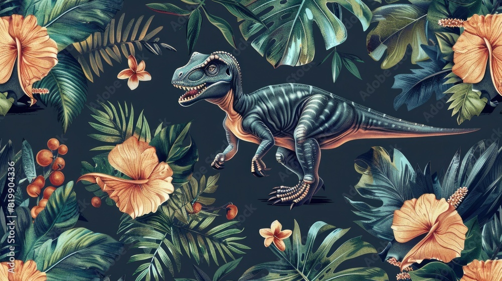 Obraz premium A T-Rex surrounded by tropical leaves and flowers. Perfect for dinosaur enthusiasts and nature lovers