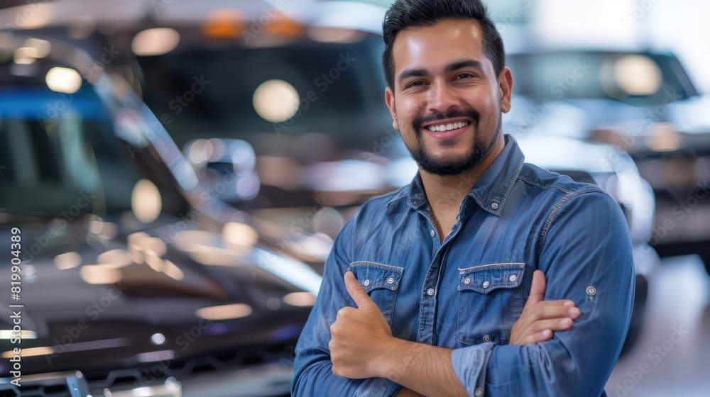 Fototapeta premium A confident Hispanic salesman giving a thumbs-up gesture while standing next to a shiny truck on display.