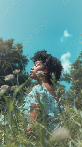 Young African American Woman Capturing Botanical Elements in Serene Garden for Cyanotype Prints, Wearing Vintage-Inspired Dress