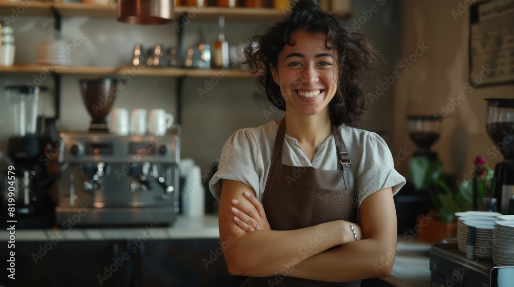 A cheerful barista poses confidently at the coffee station, her crossed hands a reflection of her readiness to serve customers with efficiency and enthusiasm. 