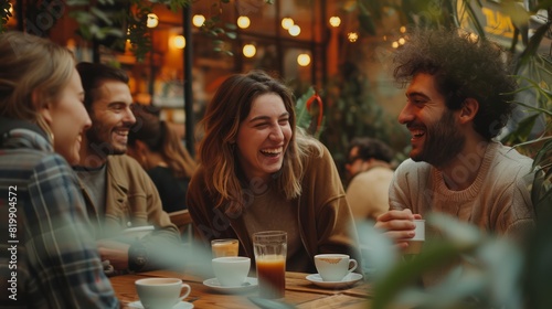 Friends laughing and having coffee at a cozy cafe  showcasing the warmth of social connections.