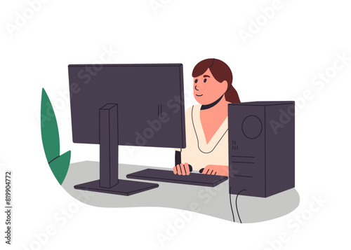 Woman works at computer desk, happy woman employee sitting office work desk, business person employee at desktop pc on table, greeting via internet, people using technology flat vector illustration.