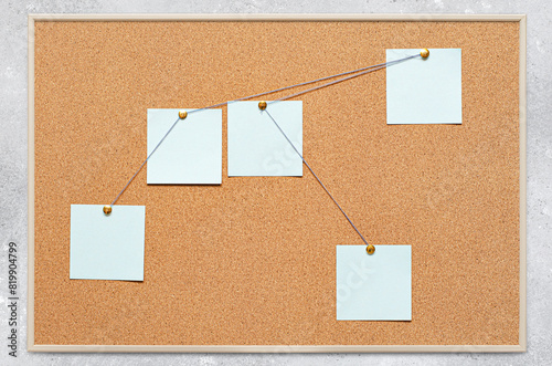 Blank paper notes are pinned to a cork board. The concept of detective investigation or training