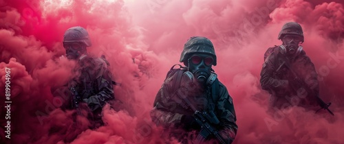 Group of Soldiers With Gas Masks Amid Red Smoke