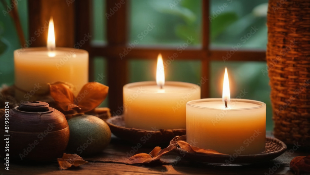 A peaceful and relaxing atmosphere with burning candles and small stones on a dark background. Relaxing evening in a cozy Thai resort. Suitable for spa and beauty themes. A peaceful and relaxing atmosphere with burning candles and small stones on a dark background. Relaxing evening in a cozy Thai resort. Suitable for spa and beauty themes.