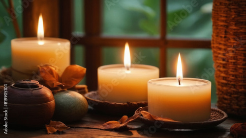 A peaceful and relaxing atmosphere with burning candles and small stones on a dark background. Relaxing evening in a cozy Thai resort. Suitable for spa and beauty themes.