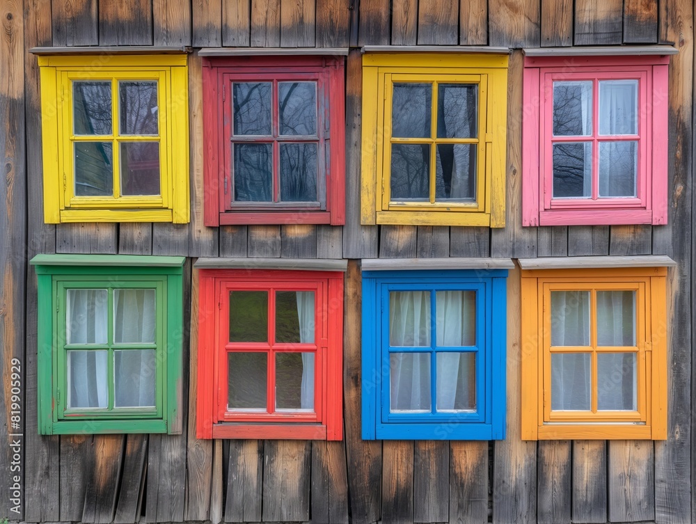 A colorful house with many windows, each with a different color