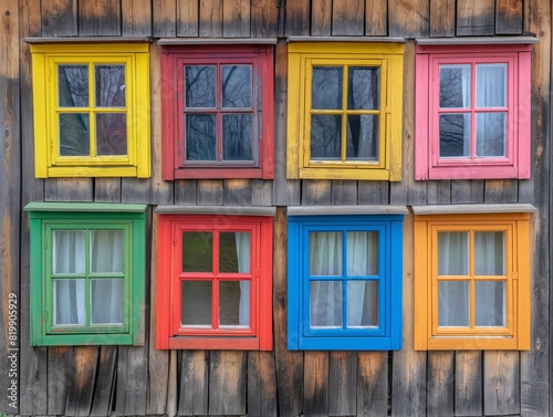 A colorful house with many windows, each with a different color