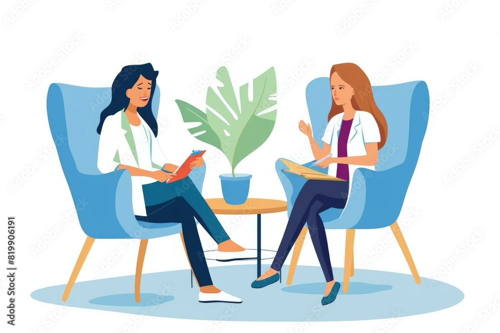 Two women sitting in chairs having a conversation. Suitable for lifestyle and communication concepts