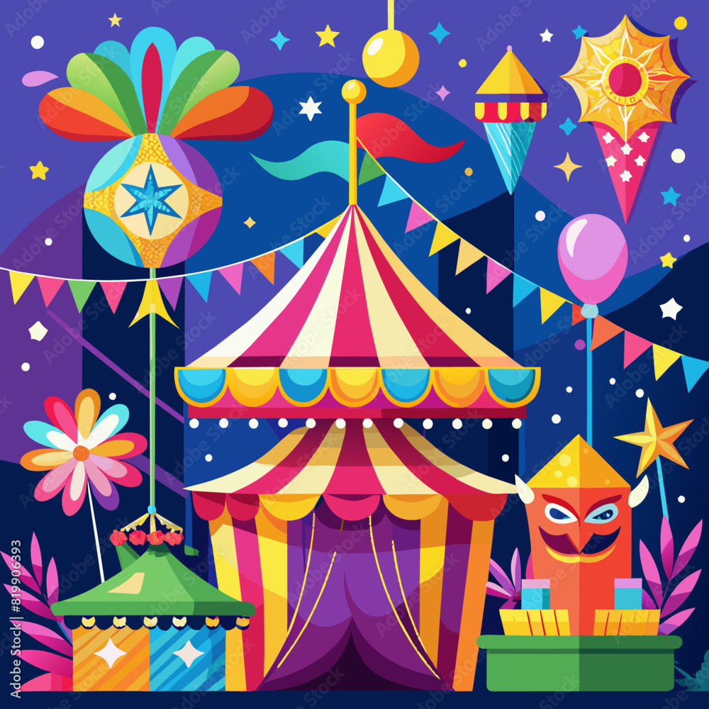 Colorful carnival scenes with festive decorations and bright lights for event or party themes.