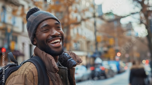 A delighted man wanders through the city with a sense of wonder and excitement, his happy demeanor a reminder of the simple joys that come from staying active and healthy. 