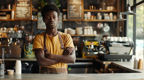 A determined young coffee shop owner stands at the counter  their entrepreneurial spirit shining through as they prepare to tackle another busy day.