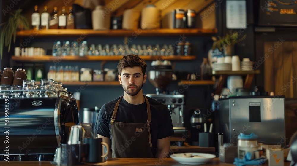 A focused young coffee shop owner stands behind the counter, their attention to detail and commitment to quality apparent in every cup of coffee they serve. A focused young coffee shop owner stands behind the counter, their attention to detail and commitment to quality apparent in every cup of coffee they serve.