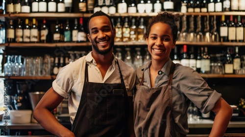 A duo of relaxed cafe workers stands side by side, their contented smiles and easygoing demeanor captured in front of a shelf displaying a variety of wine options.