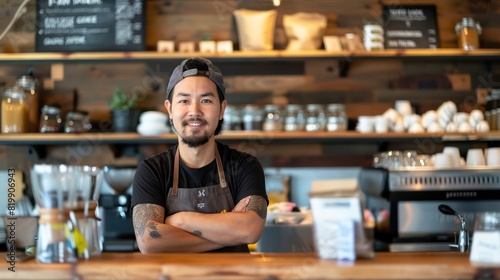 A focused young coffee shop owner stands behind the counter  ready to start the day with a positive attitude and a commitment to providing exceptional service.