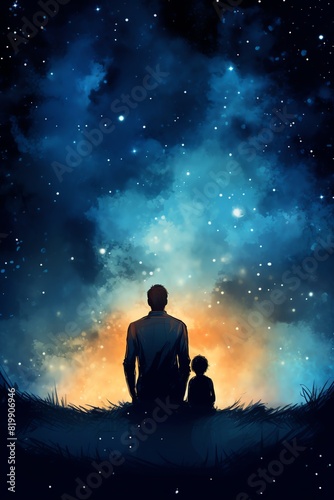 A father and son are sitting on a hill  looking up at the stars