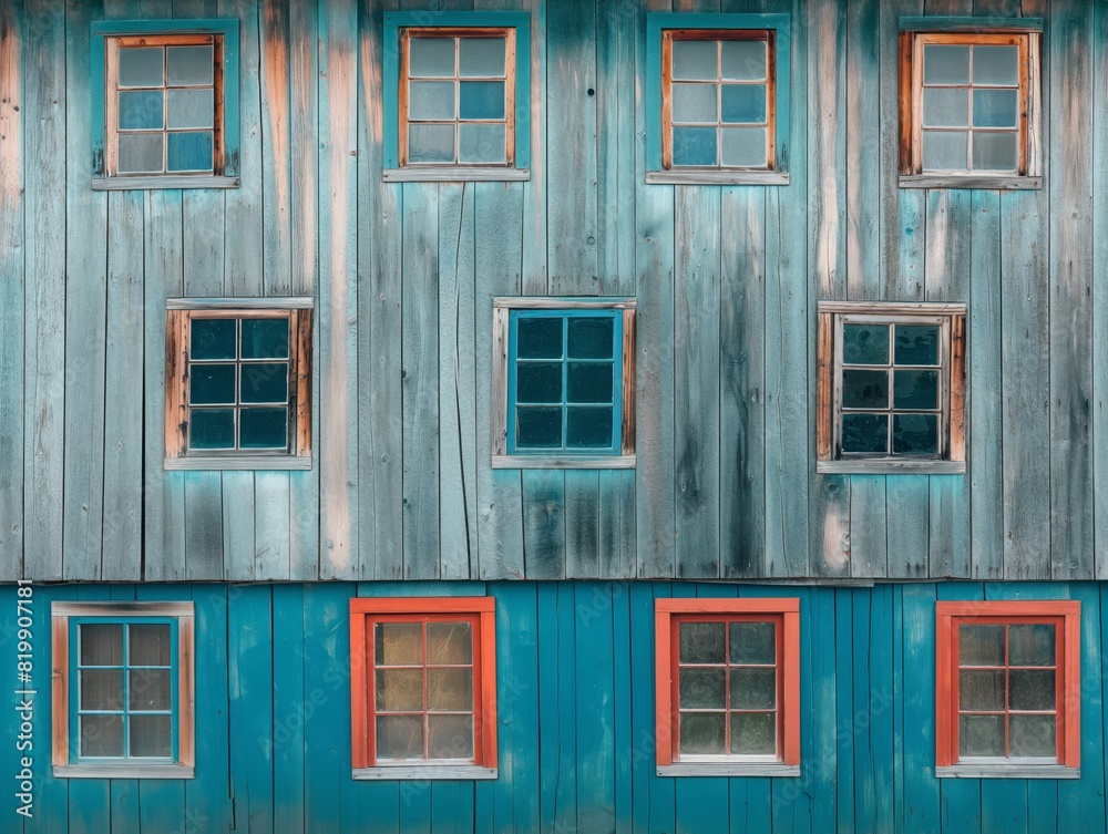 The blue and red building has many windows, some of which are open The blue and red building has many windows, some of which are open
