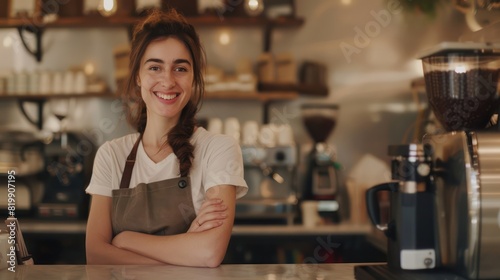 A happy barista stands behind the counter, her crossed hands a subtle gesture of anticipation as she awaits the next opportunity to showcase her barista skills. 