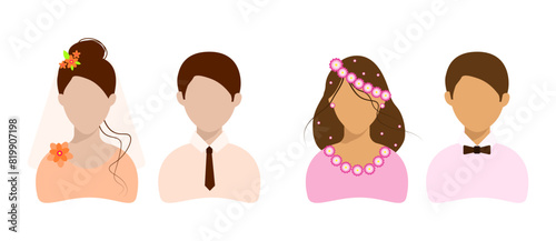 Flat style bride and groom badges. Wedding. Design elements of wedding invitations, postcards. Vector illustration 