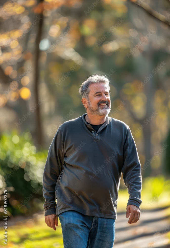 Obraz premium A healthy man takes a relaxing walk through the park, his joyful expression a reflection of the physical and mental benefits of spending time outdoors. 