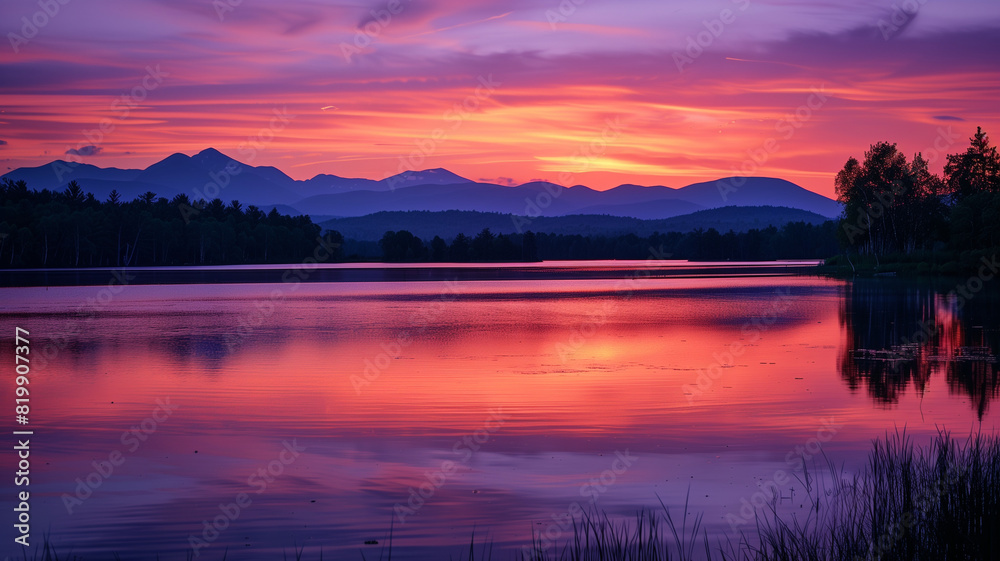 Sky transitions from deep orange to soft pink and purple hues, creating a breathtaking gradient