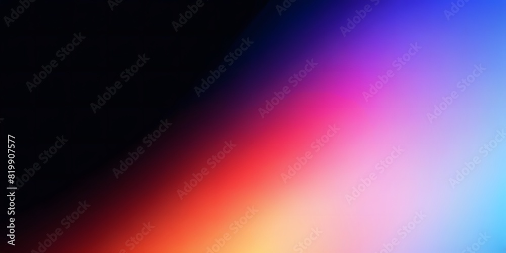 Grainy color gradient background orange purple blue yellow pink glowing abstract shape on black noise texture, copy space