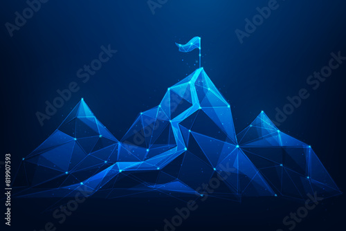 a flag on top mountain, business goals achievement and ambition. route to success.  leadership and motivation. vector illustration fantastic low poly wireframe.