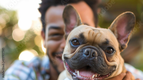 Black man cuddling happy French bulldog outdoors in the park. Young african american pet owner hugging frenchie dog on dog walk © Sophie 