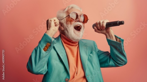 A Senior Man Enjoying Karaoke