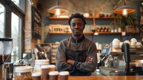 A young entrepreneur stands confidently behind the counter of their coffee shop  ready to serve customers with a welcoming smile and enthusiasm.