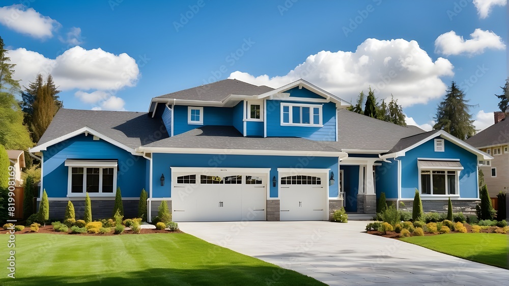 Beautiful exterior of a recently constructed home with a roomy three-car garage and a verdant lawn that shines in the sunlight on a clear day with a sky that is a vivid blue color with white clouds st