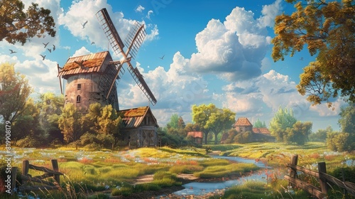 A charming, old-fashioned windmill in a picturesque countryside.