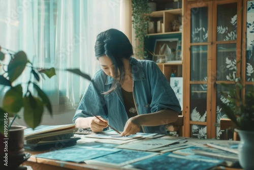 Joyous East Asian Woman Creating Cyanotype Prints in Sunny Home Studio, Surrounded by Botanicals