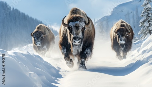 Bison thick fur covered with frost and snow, Bison walks in extreme winter weather, standing above snow with a view of the frost mountains © Virgo Studio Maple