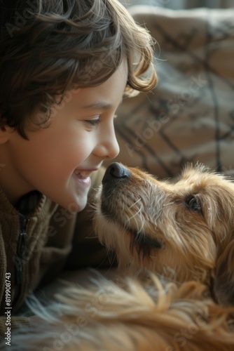 Young boy affectionately cuddling a dog on a couch. Suitable for pet, family, or cozy home concepts