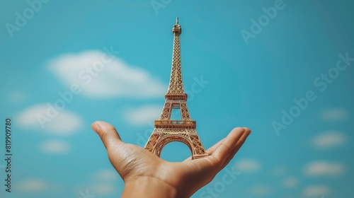 Celebratory Bastille Day Concept with Hand Holding Miniature Eiffel Tower Against Blue Sky photo