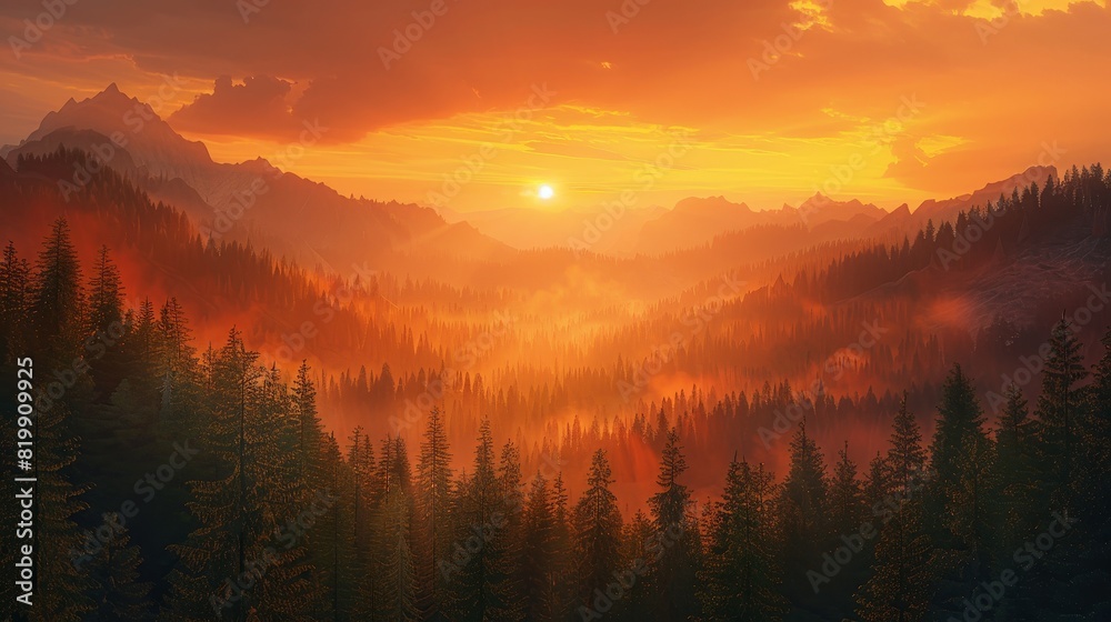 Design a mesmerizing 3D CG rendering of a majestic mountain range against a stunning sunset backdrop Infuse the scene with intricate details like swaying trees and distant wildlife Design a mesmerizing 3D CG rendering of a majestic mountain range against a stunning sunset backdrop Infuse the scene with intricate details like swaying trees and distant wildlife